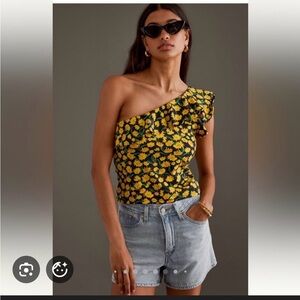 Maeve Anthropologie Yellow Floral One-Shoulder Crop Top